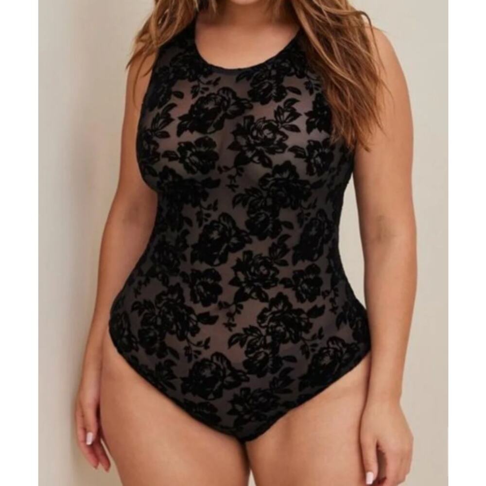 Torrid Black Mesh Floral Velvet Flocked Bodysuit Size 3 NWT